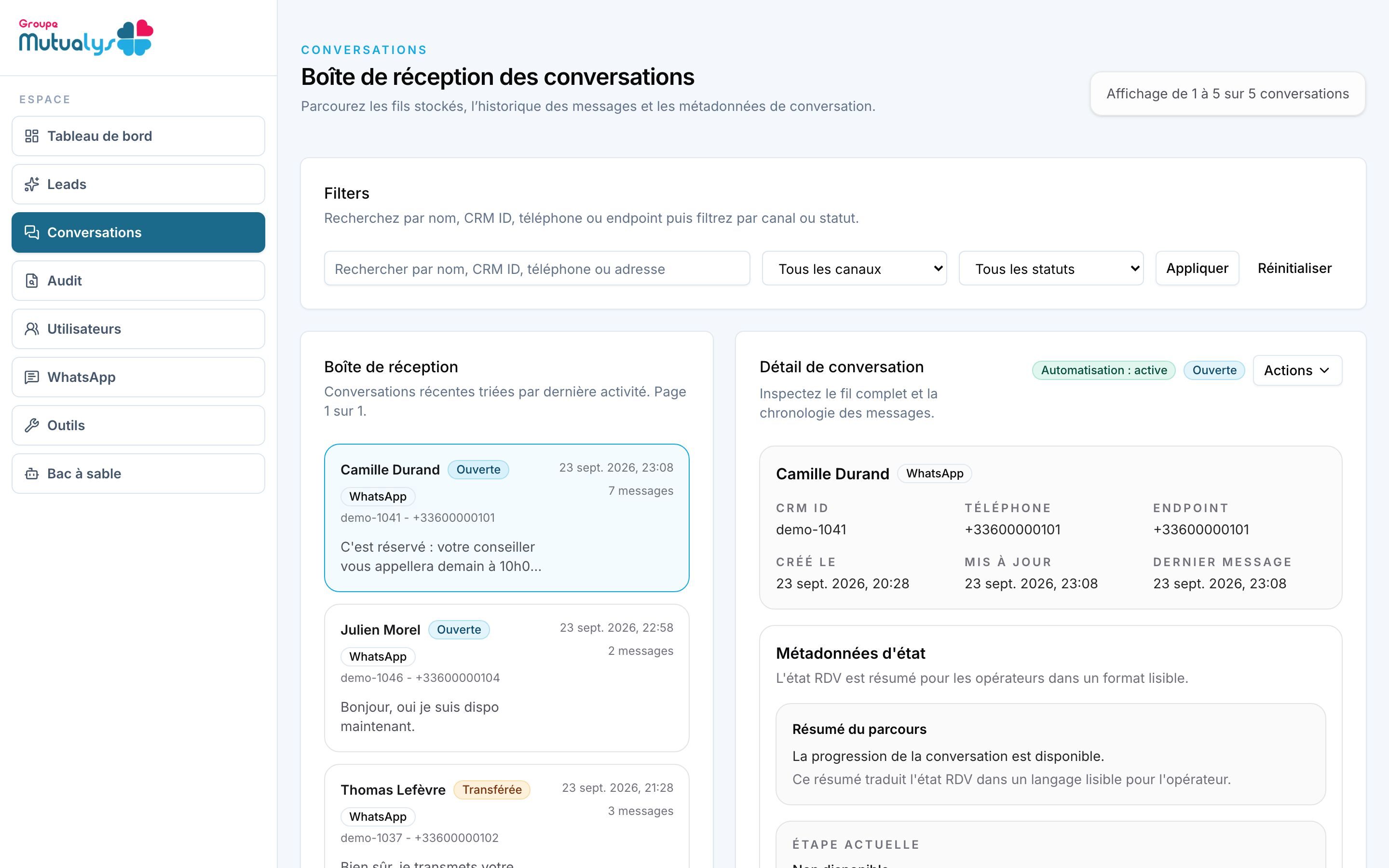 Conversations can be supervised, paused or taken over by the team. Demo data.