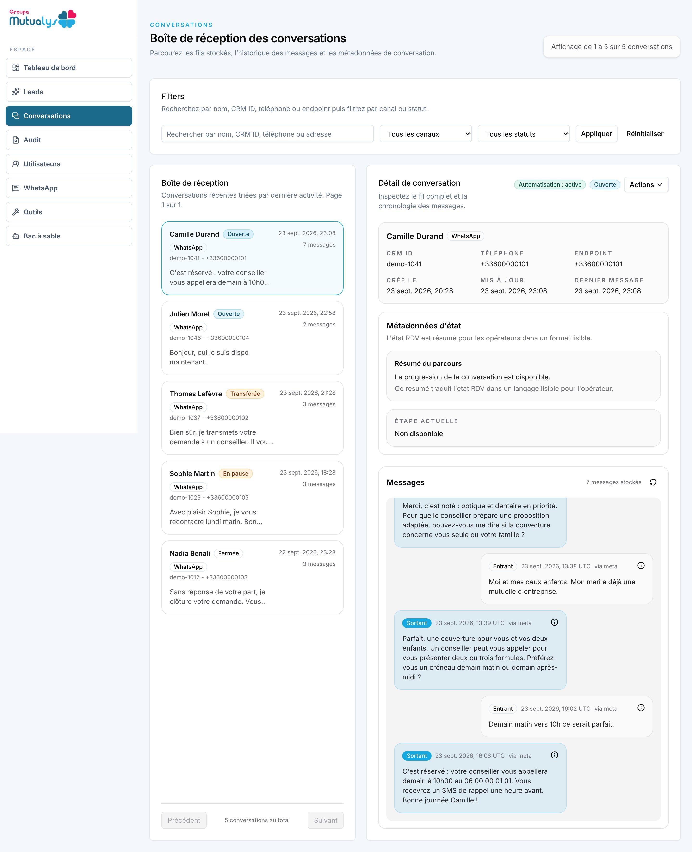 The assistant's admin inbox: a conversation open next to the lead record, with pause, resume and handover controls. Demo data.